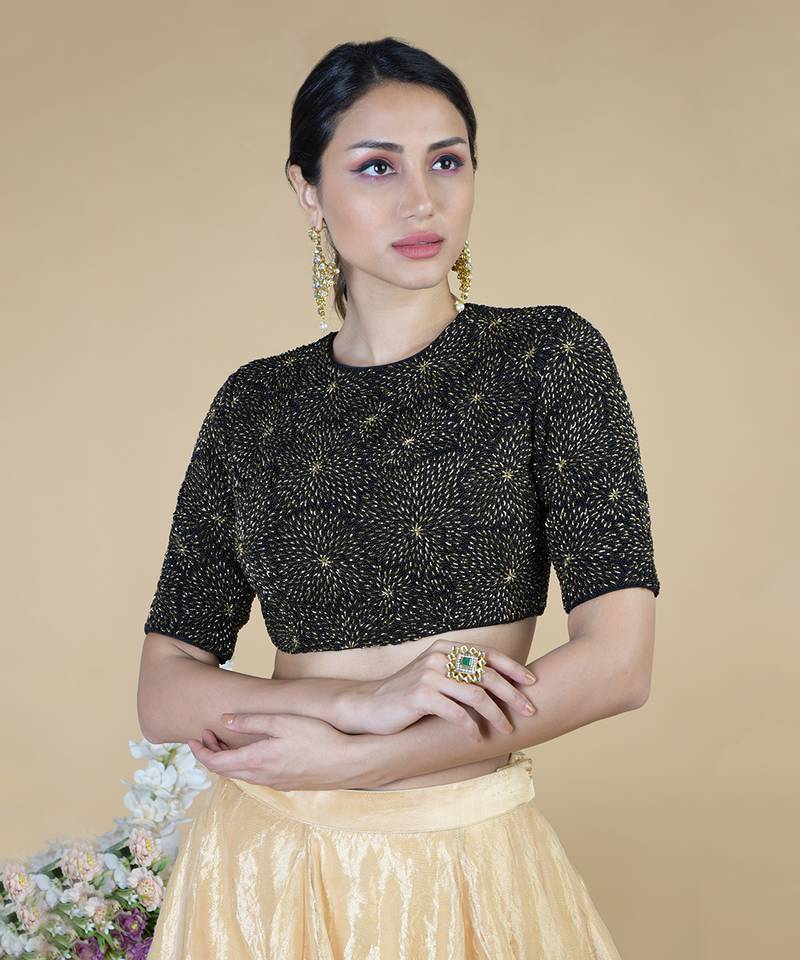 Black-Gold Hand Embroidered Blouse With Gold Tissue Skirt