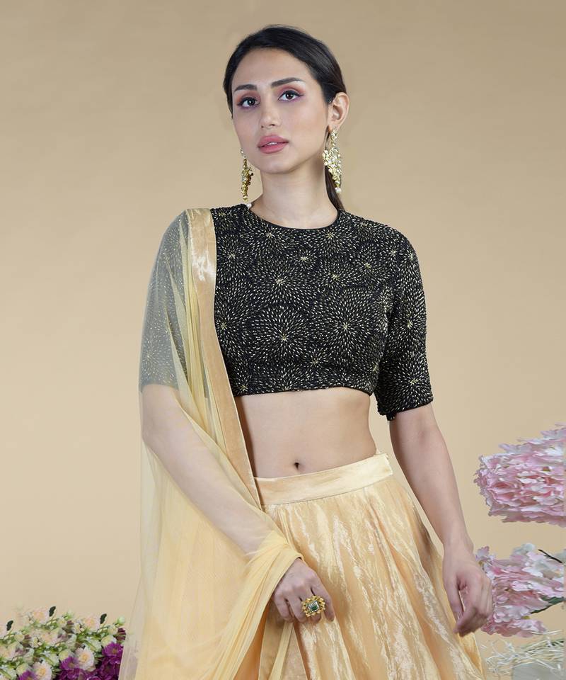 Black-Gold Hand Embroidered Blouse With Gold Tissue Skirt
