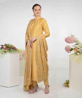 Gold Hand Embroidered Raw Silk Kurta Set With Chikankari Dupatta 2
