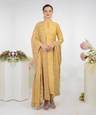 Gold Hand Embroidered Raw Silk Kurta Set With Chikankari Dupatta 1