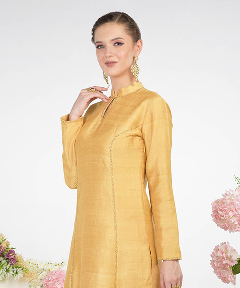 Gold Hand Embroidered Raw Silk Kurta Set With Chikankari Dupatta
