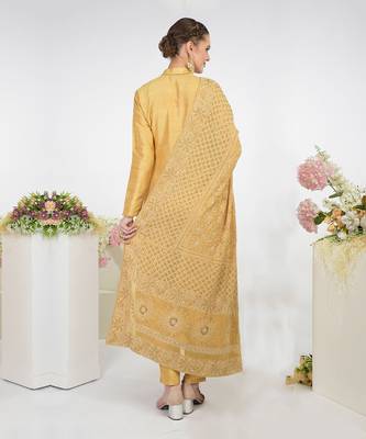 Gold Hand Embroidered Raw Silk Kurta Set With Chikankari Dupatta 4