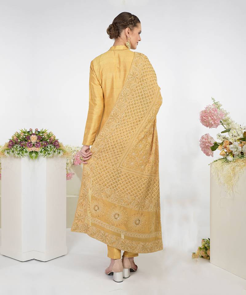 Gold Hand Embroidered Raw Silk Kurta Set With Chikankari Dupatta
