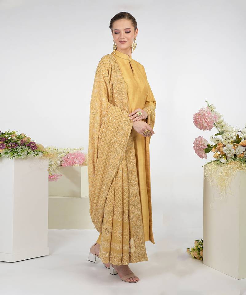 Gold Hand Embroidered Raw Silk Kurta Set With Chikankari Dupatta