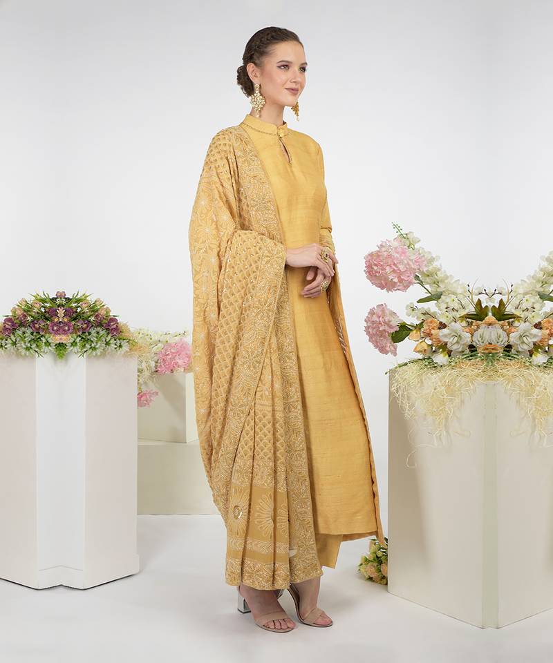 Gold Hand Embroidered Raw Silk Kurta Set With Chikankari Dupatta