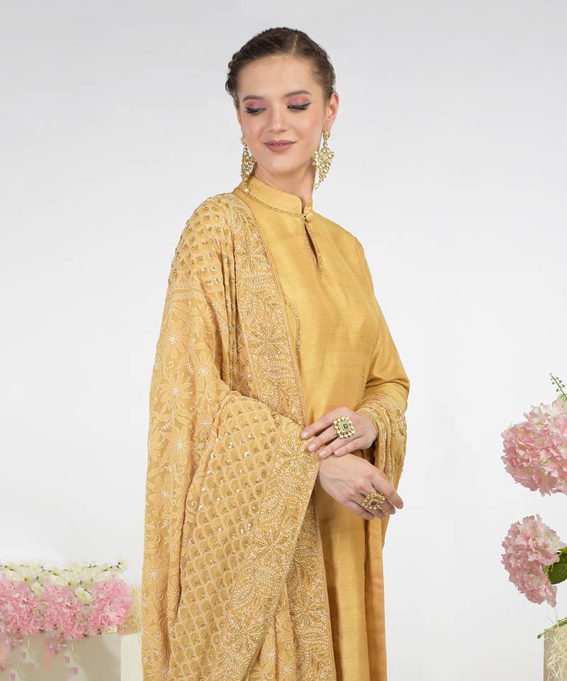 Gold Hand Embroidered Raw Silk Kurta Set With Chikankari Dupatta