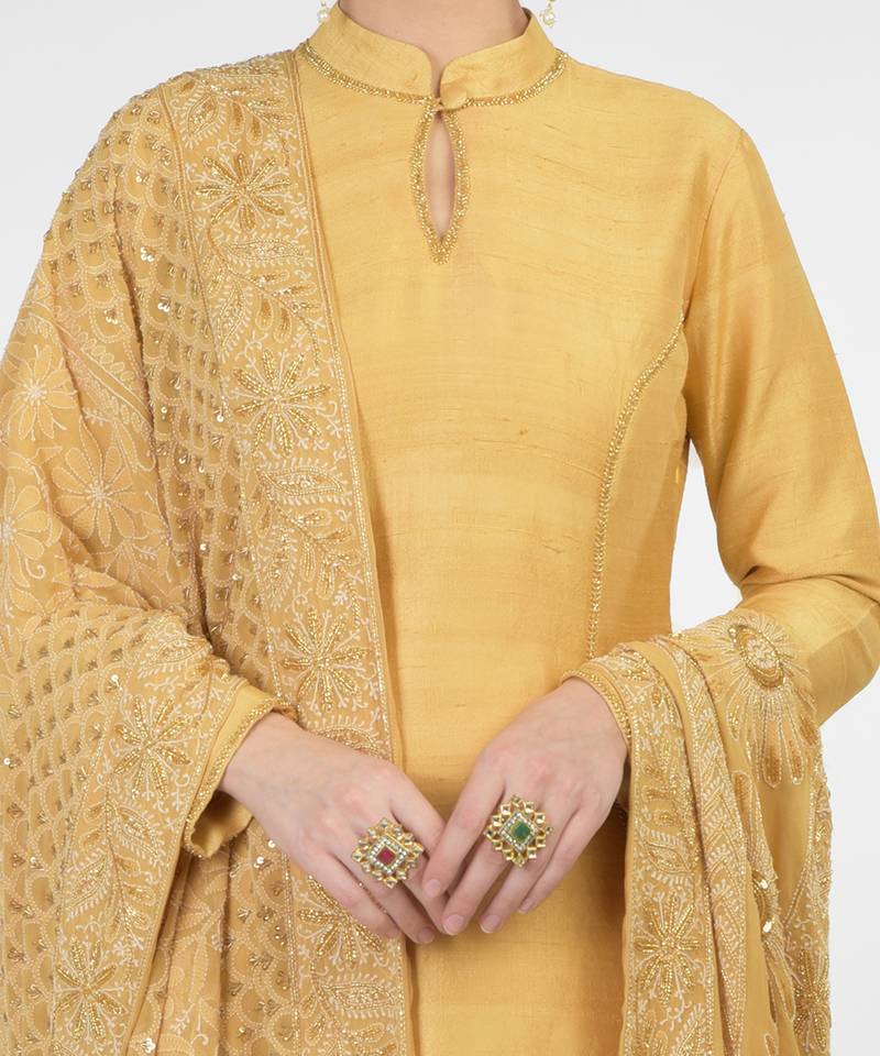 Gold Hand Embroidered Raw Silk Kurta Set With Chikankari Dupatta
