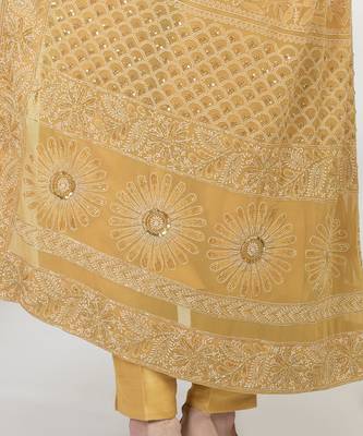 Gold Hand Embroidered Raw Silk Kurta Set With Chikankari Dupatta 9