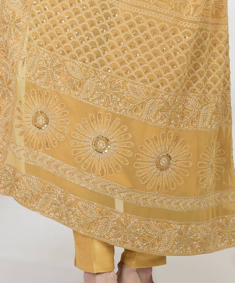 Gold Hand Embroidered Raw Silk Kurta Set With Chikankari Dupatta