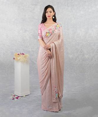Champagne Pink Floral Sequin Saree 2