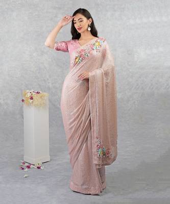 Champagne Pink Floral Sequin Saree 1
