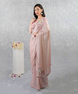 Champagne Pink Floral Sequin Saree 3