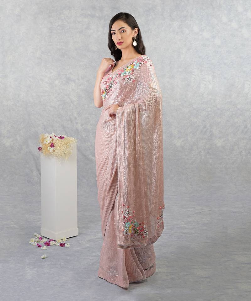 Champagne Pink Floral Sequin Saree