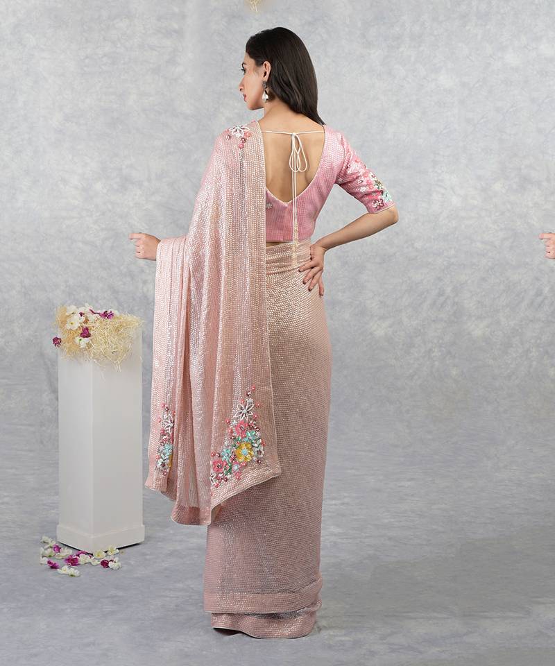 Champagne Pink Floral Sequin Saree