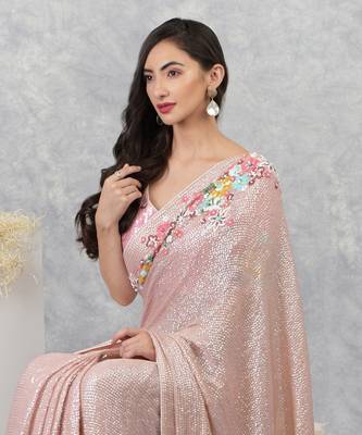 Champagne Pink Floral Sequin Saree 5