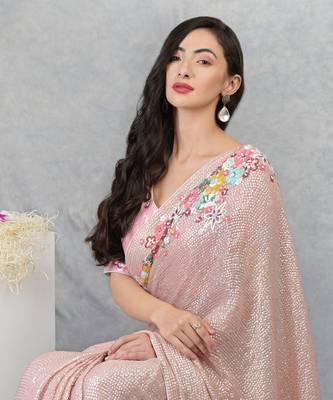 Champagne Pink Floral Sequin Saree 6