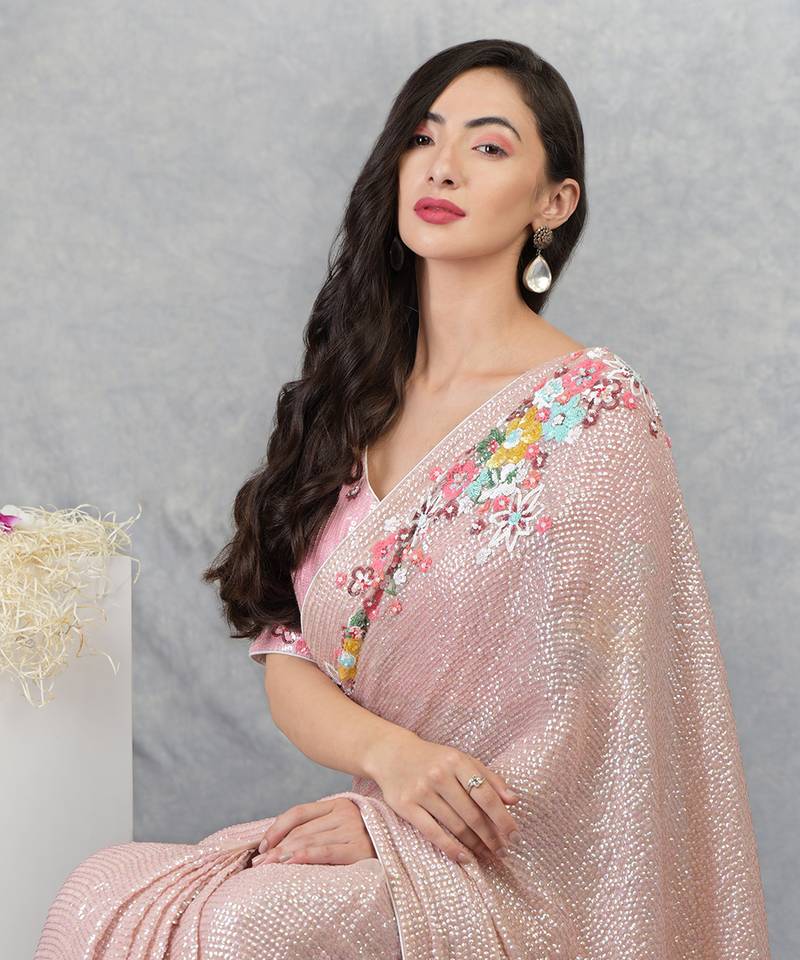 Champagne Pink Floral Sequin Saree