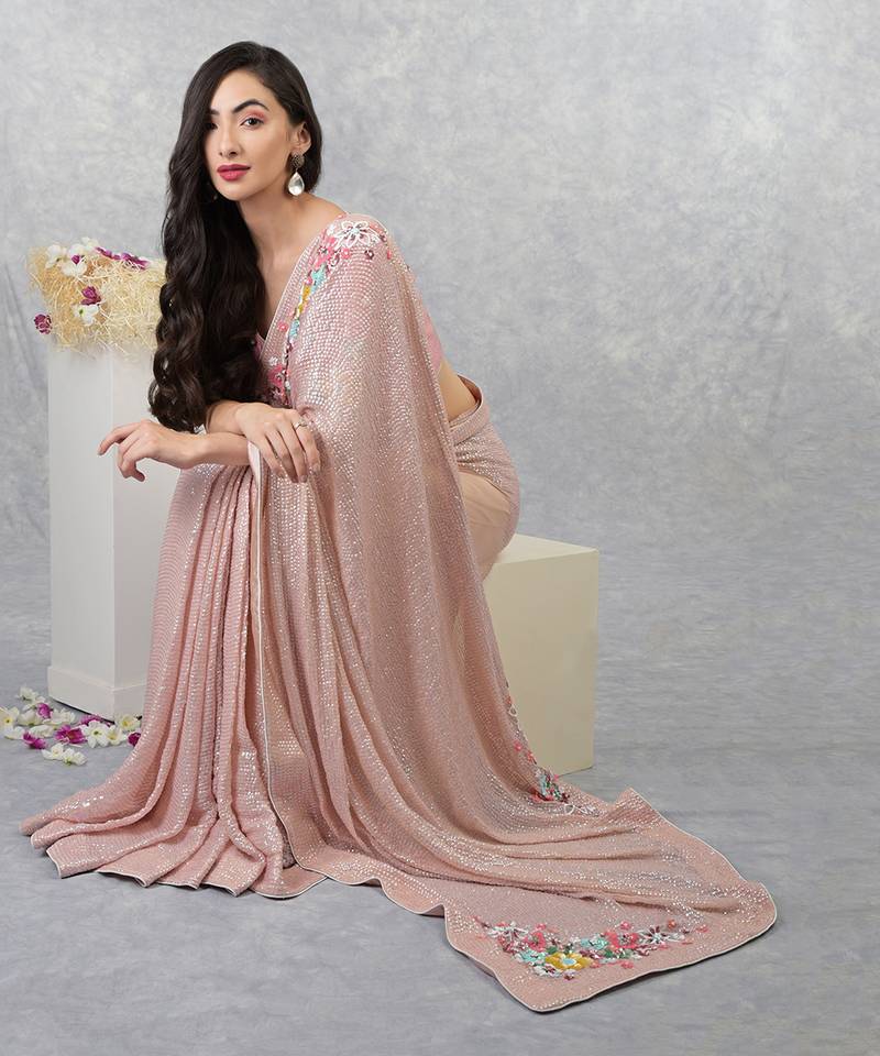 Champagne Pink Floral Sequin Saree