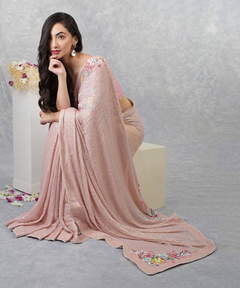 Champagne Pink Floral Sequin Saree
