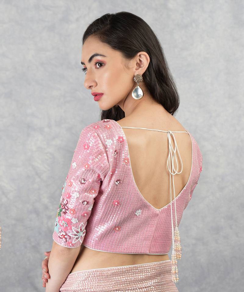 Champagne Pink Floral Sequin Saree