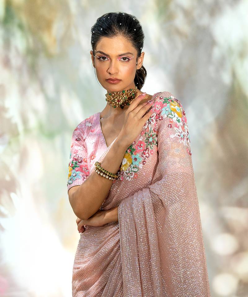 Champagne Pink Floral Sequin Saree