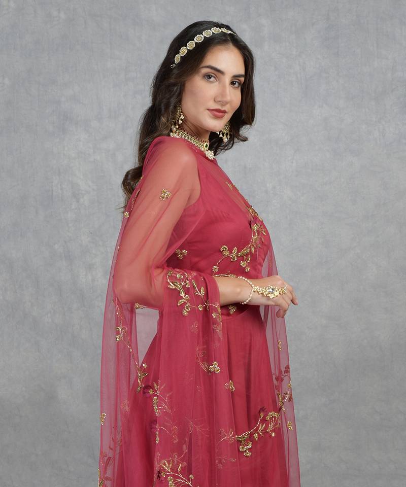 3D Floral& Cutbead Hand Embroidered Anarkali Set