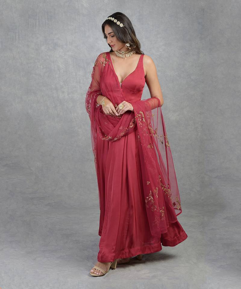 3D Floral& Cutbead Hand Embroidered Anarkali Set