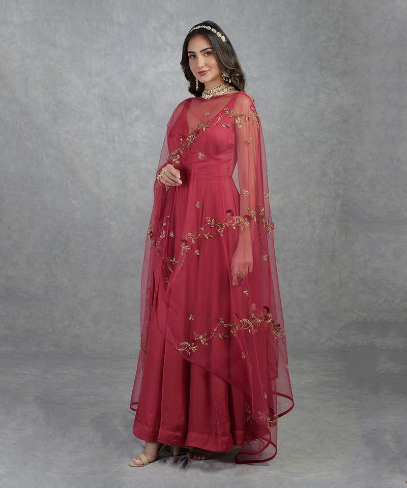 3D Floral& Cutbead Hand Embroidered Anarkali Set