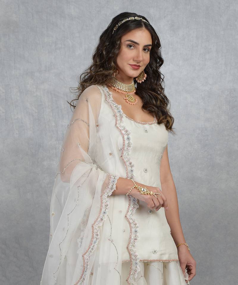 Off White Floral Hand Embroidered Sharara Set
