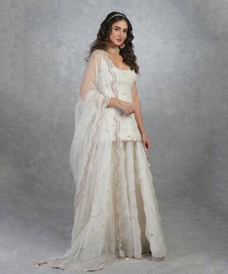 Off White Floral Hand Embroidered Sharara Set 3