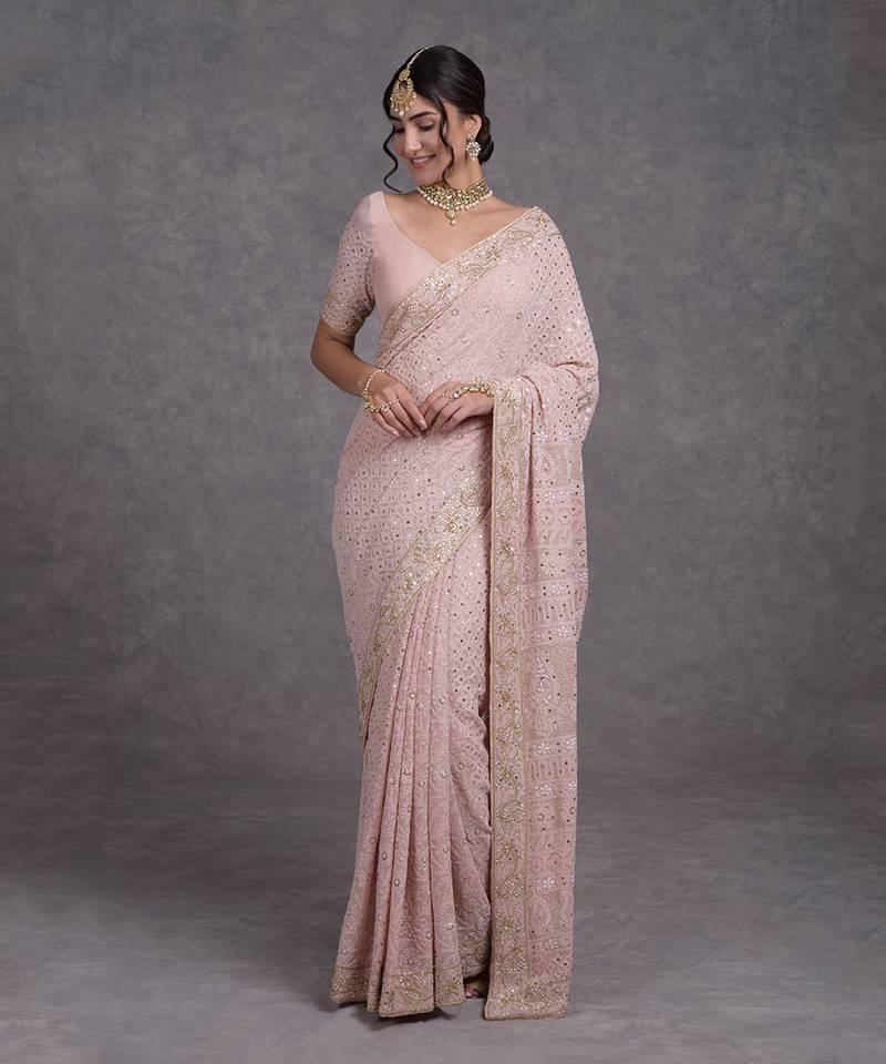 Heirloom Oyster Pink Chikankari Kamdani Beads & Sequin Hand Embroidered Saree