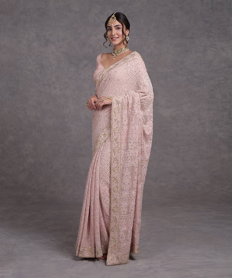 Heirloom Oyster Pink Chikankari Kamdani Beads & Sequin Hand Embroidered Saree