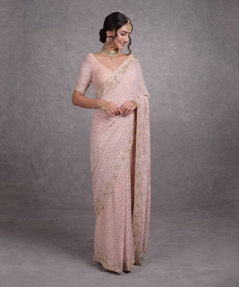Heirloom Oyster Pink Chikankari Kamdani Beads & Sequin Hand Embroidered Saree