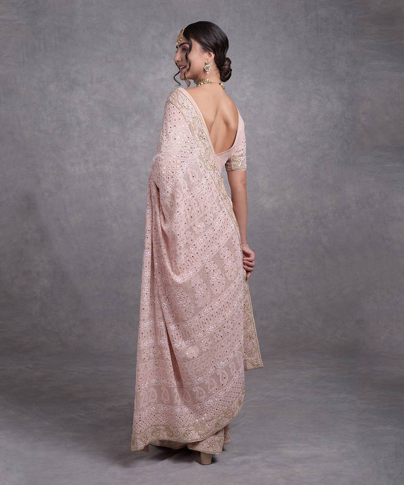 Heirloom Oyster Pink Chikankari Kamdani Beads & Sequin Hand Embroidered Saree