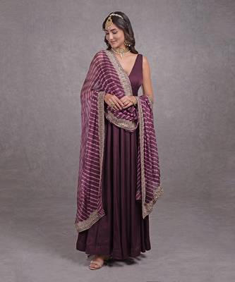 Burgundy Purple Leheriya-Tilla Embroidered Dupatta With Anarkali Set 1