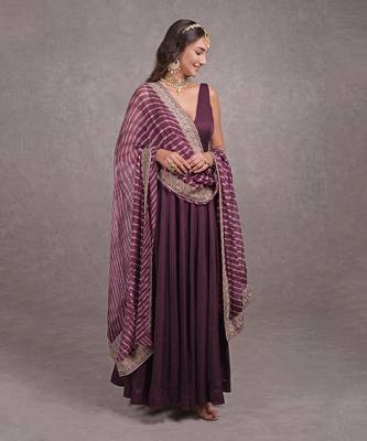 Burgundy Purple Leheriya-Tilla Embroidered Dupatta With Anarkali Set 2