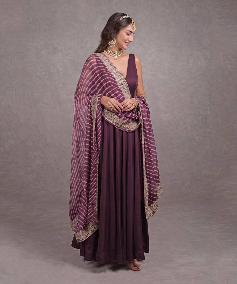 Burgundy Purple Leheriya-Tilla Embroidered Dupatta With Anarkali Set