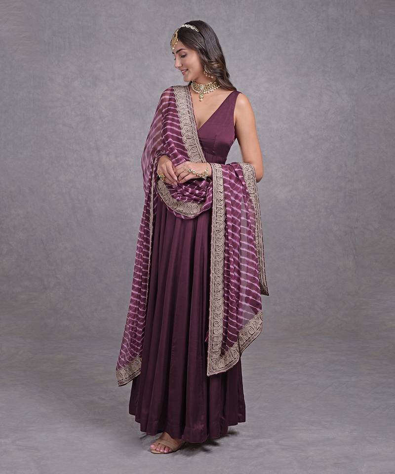 Burgundy Purple Leheriya-Tilla Embroidered Dupatta With Anarkali Set