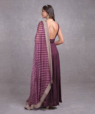 Burgundy Purple Leheriya-Tilla Embroidered Dupatta With Anarkali Set 5