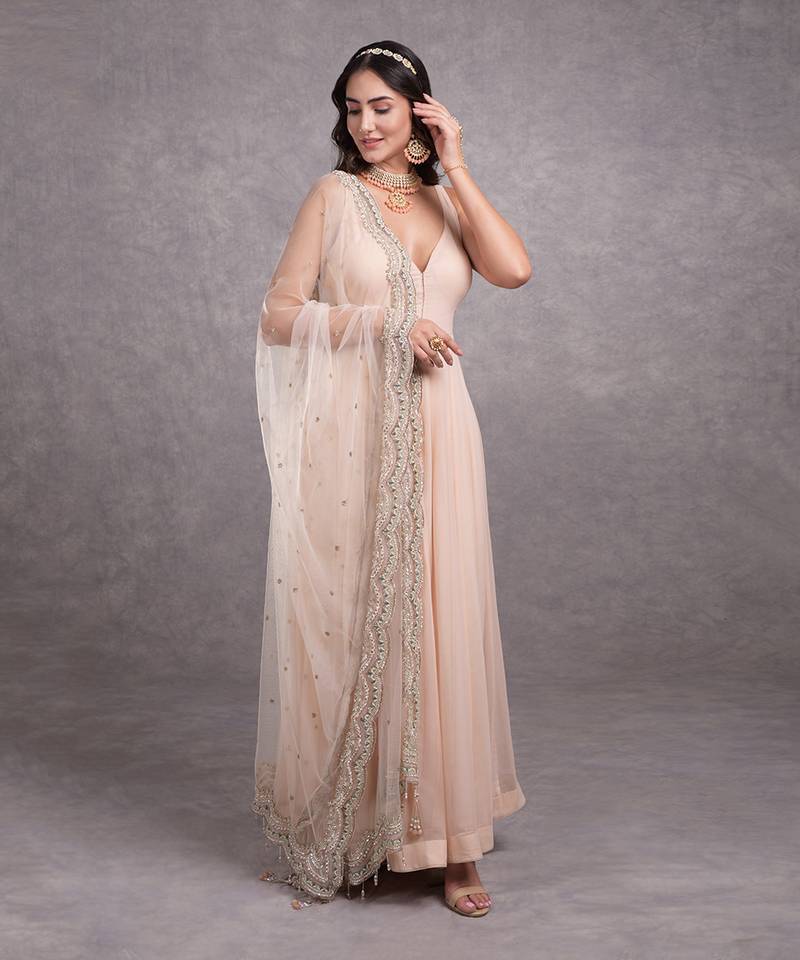 Champagne Pink Bead Sequin Hand Embroidered Anarkali Set