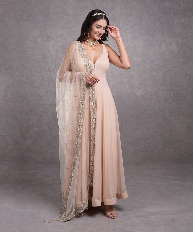 Champagne Pink Bead Sequin Hand Embroidered Anarkali Set