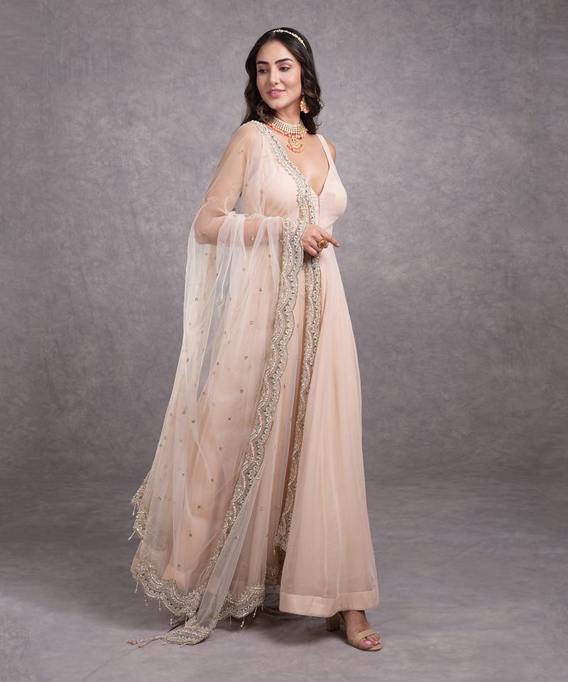 Champagne Pink Bead Sequin Hand Embroidered Anarkali Set