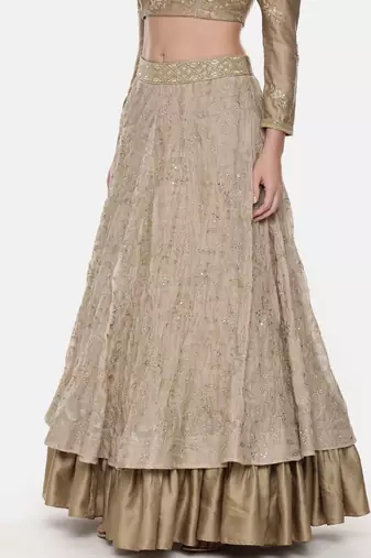 Beige Gold Chanderi Embroidered Lehenga