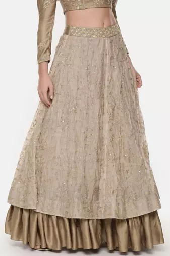 Beige Gold Chanderi Embroidered Lehenga