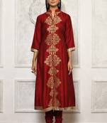 Maroon embroidered cotton kurta &-sets