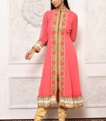 Peach embroidered georgette kurta &-sets
