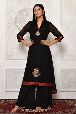 Black embroidered georgette kurta &-sets 1