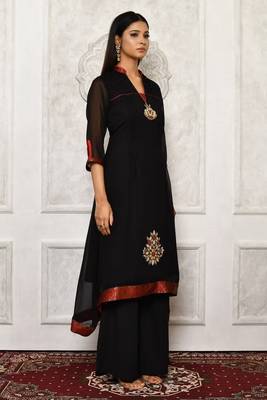 Black embroidered georgette kurta &-sets 3