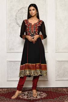Black embroidered georgette kurta &-sets