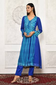 Light-blue embroidered georgette kurta &-sets